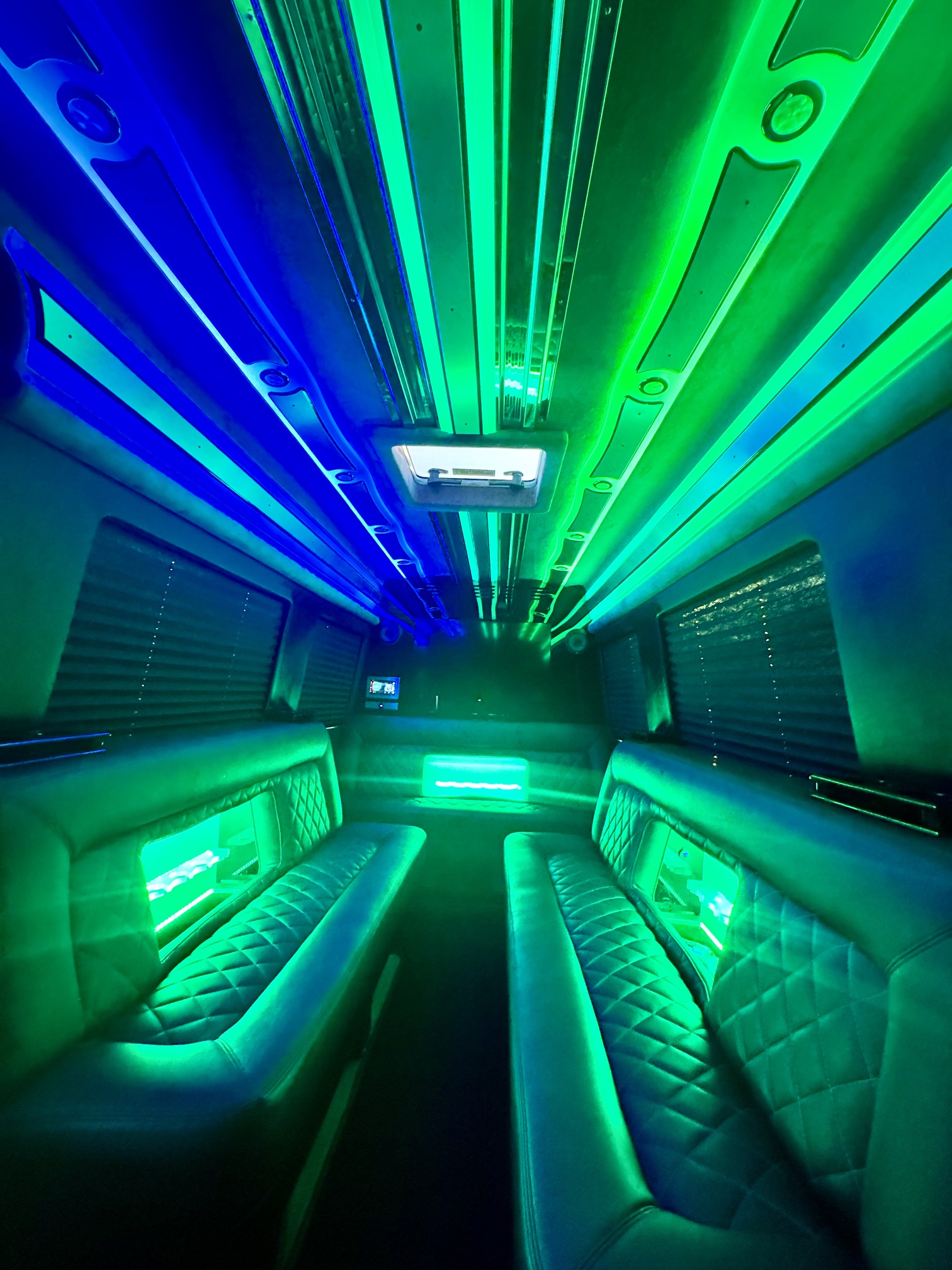 Luxury party bus interior with LED lighting